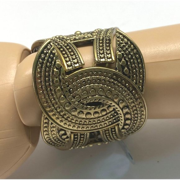 Bronze Tone Bracelet Stretch Chunky Art Deco Textured Filagree Style & Co - Picture 2 of 10